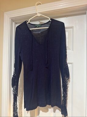 Lauren Ralph Lauren Navy Silk Crochet-Sleeve V-Neck Hoodie
